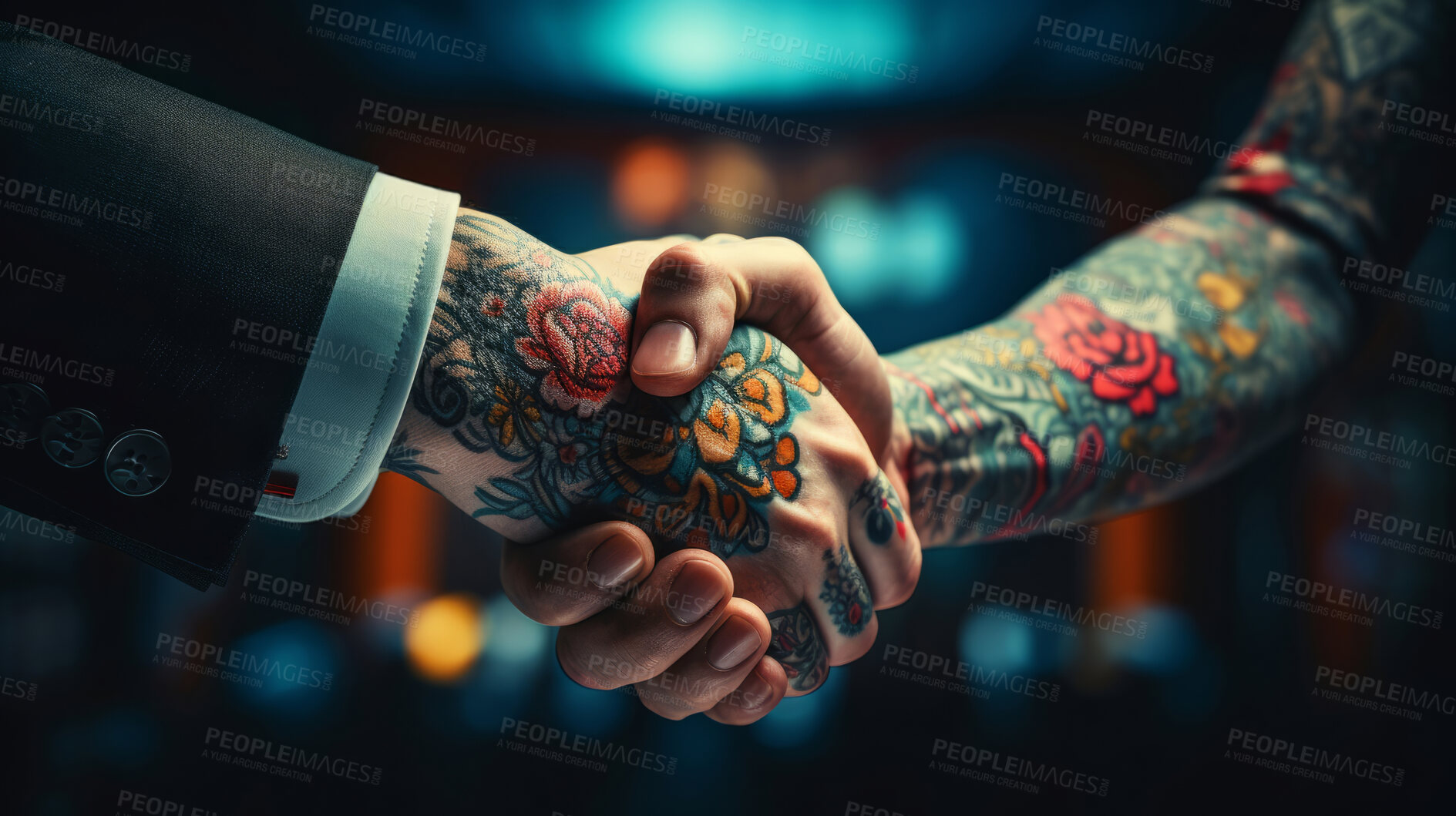 Buy stock photo Tattooed arm hand shakes with business man. Alternative business concept.