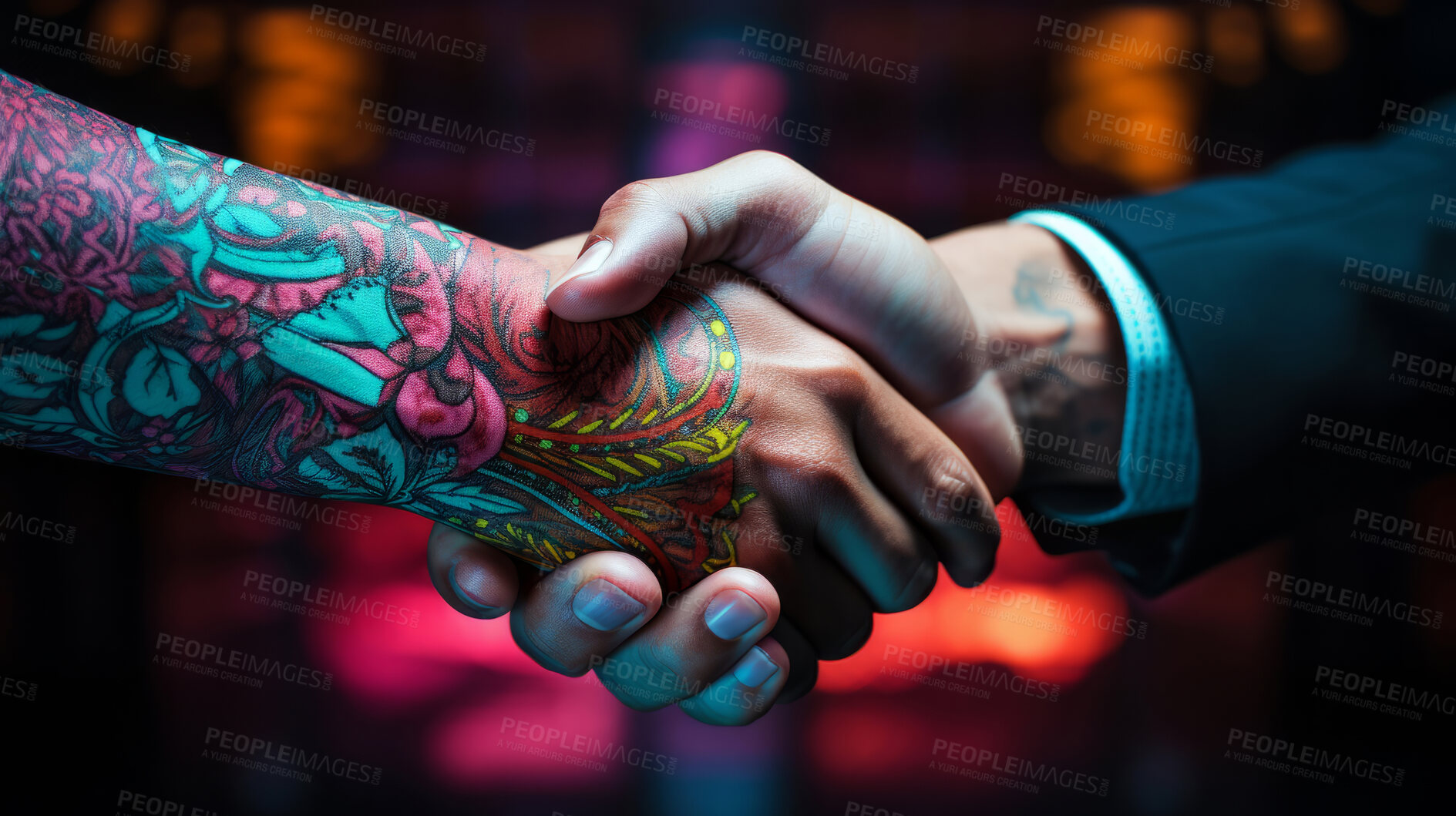 Buy stock photo Tattooed arm hand shakes with business man. Alternative business concept.