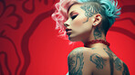 Confident tattooed model on red backdrop. Alternative beauty concept.