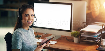 Buy stock photo Call center, mockup and portrait of woman at computer screen for customer service, help desk or consulting. Happy, smile and ecommerce with employee and tablet for contact us, network or receptionist