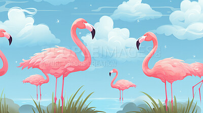 Seamless pattern with cartoon flamingoes. Background wallpaper design concept