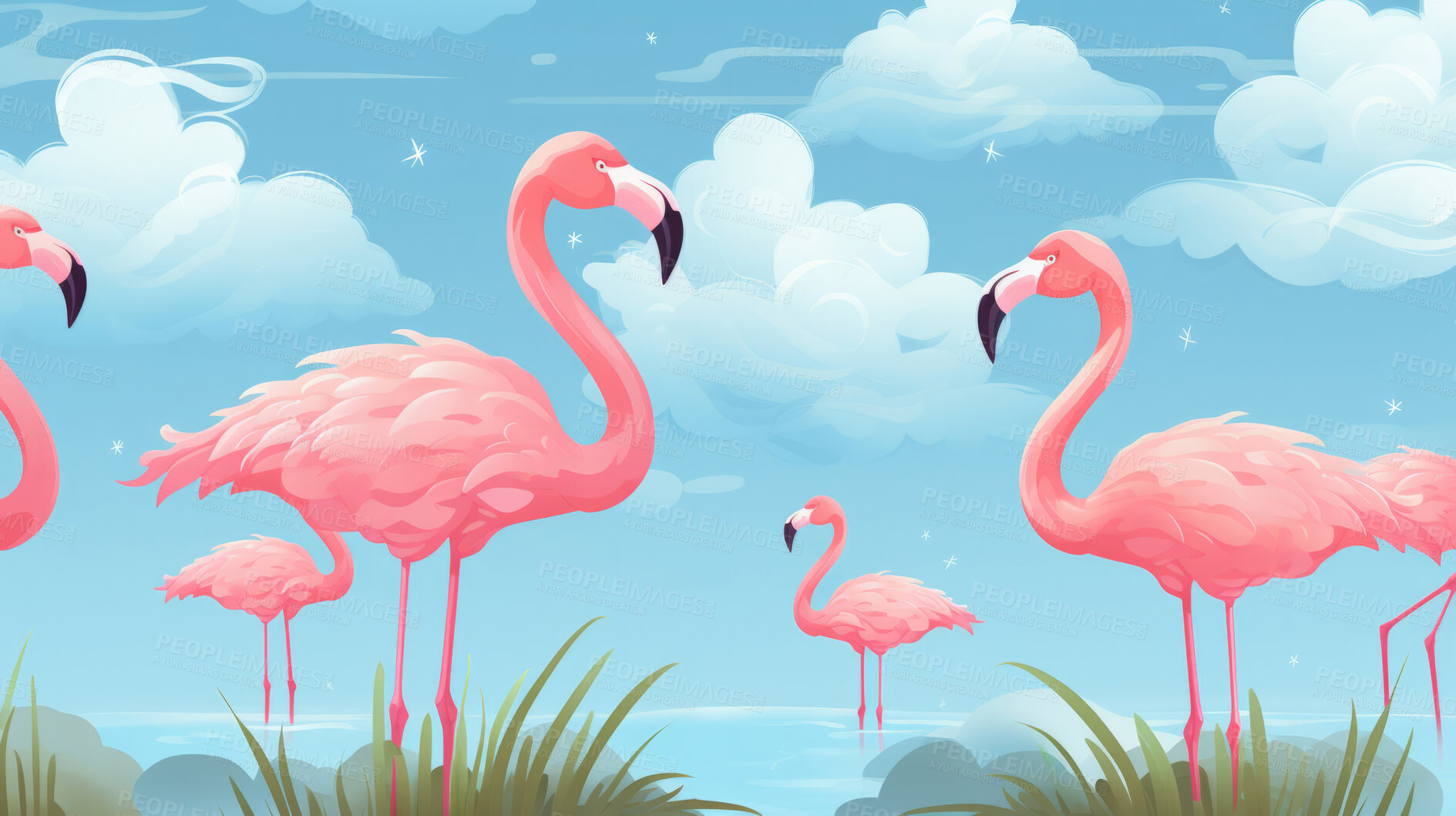 Buy stock photo Seamless pattern with cartoon flamingoes. Background wallpaper design concept