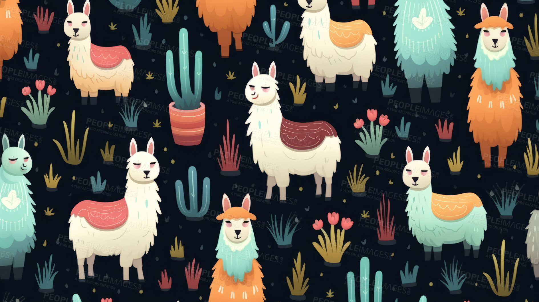 Buy stock photo Seamless pattern with cartoon llamas. Background wallpaper design concept