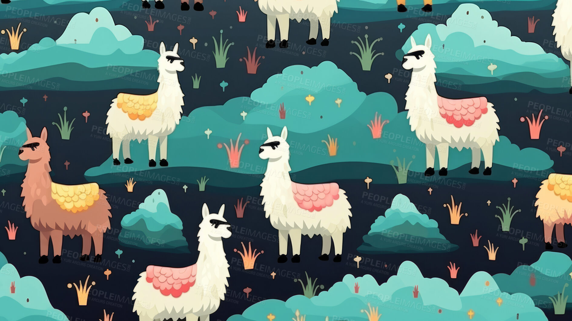 Buy stock photo Seamless pattern with cartoon llamas. Background wallpaper design concept