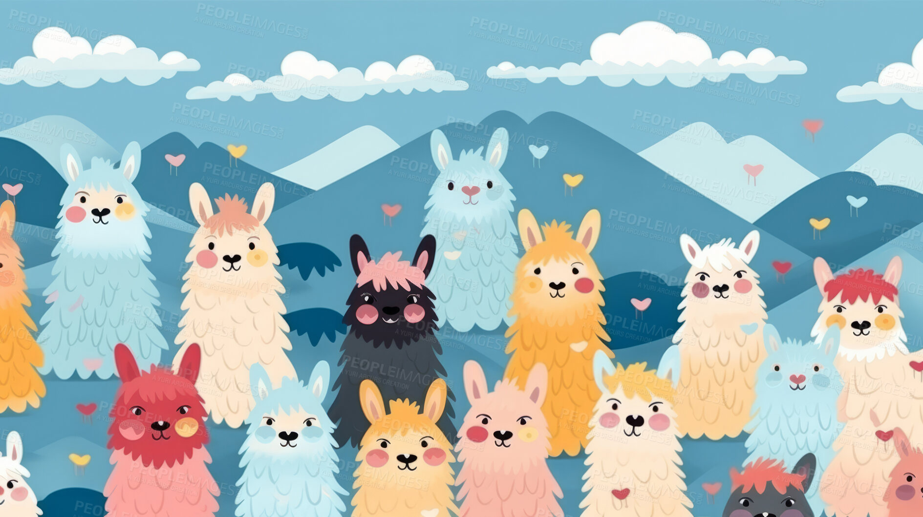 Buy stock photo Seamless pattern with cartoon llamas. Background wallpaper design concept