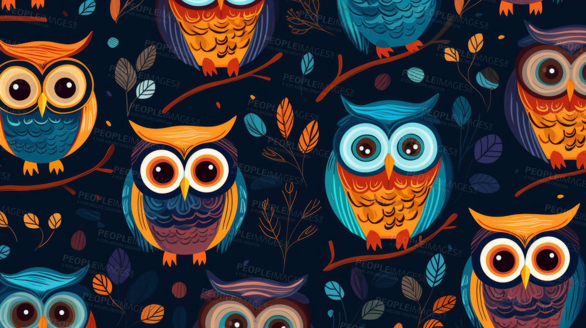 Buy stock photo Seamless pattern with cartoon owls. Background wallpaper design concept