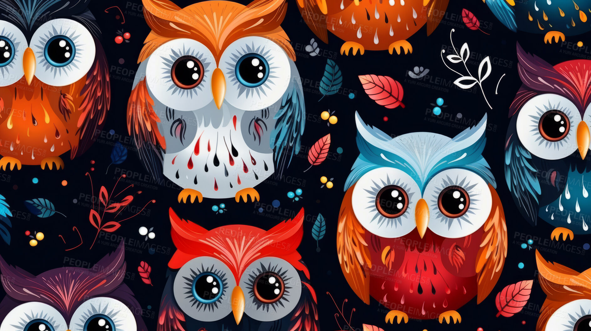 Buy stock photo Seamless pattern with cartoon owls. Background wallpaper design concept