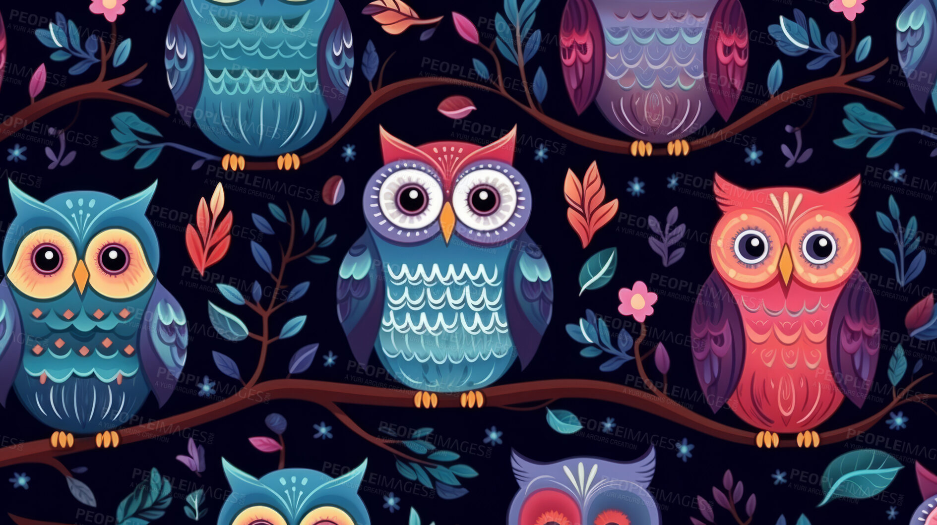 Buy stock photo Seamless pattern with cartoon owls. Background wallpaper design concept