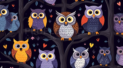 Seamless pattern with cartoon owls. Background wallpaper design concept