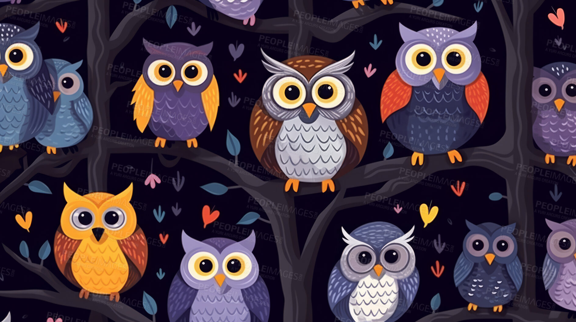 Buy stock photo Seamless pattern with cartoon owls. Background wallpaper design concept