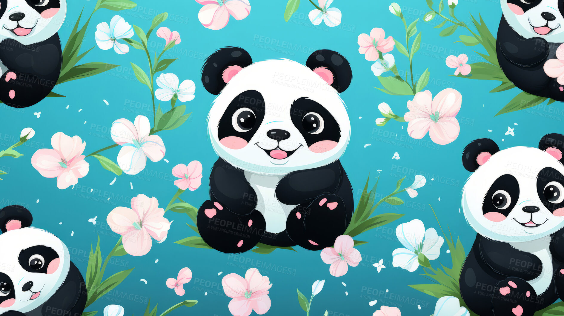 Buy stock photo Seamless pattern with cartoon pandas. Background wallpaper design concept