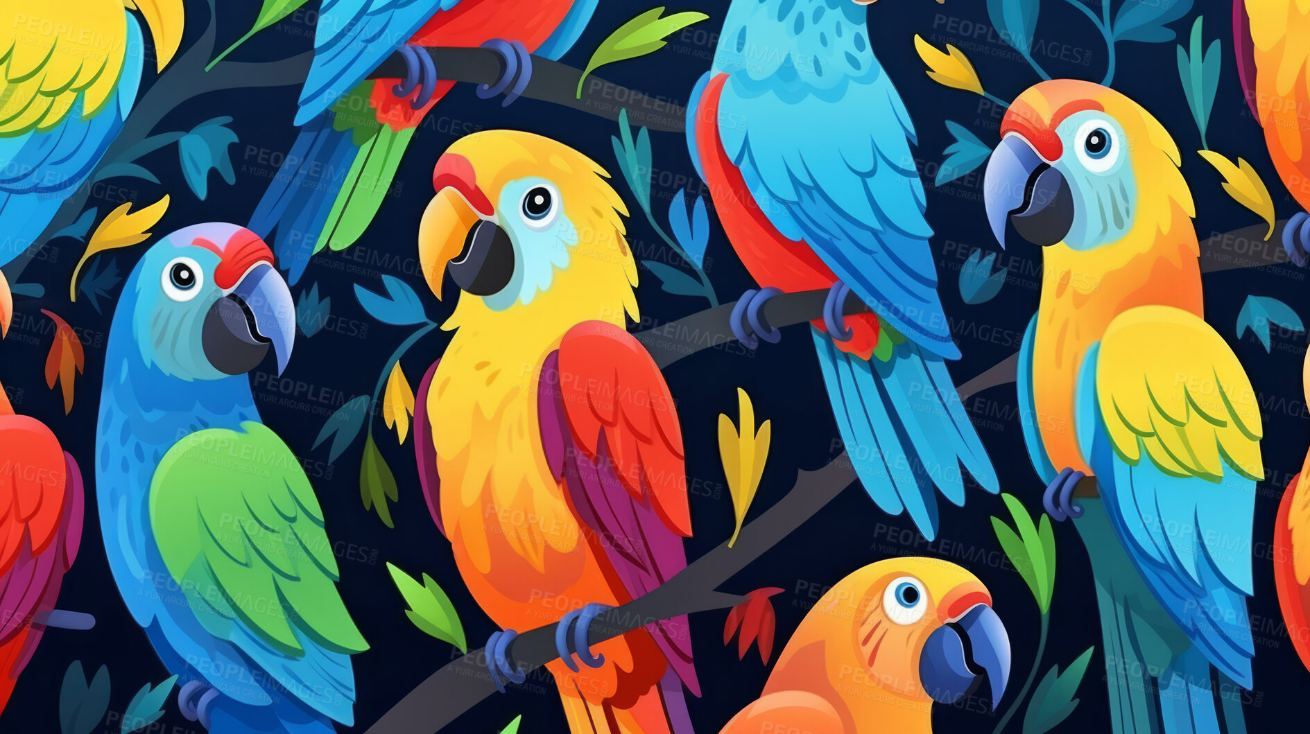 Buy stock photo Seamless pattern with cartoon parrots. Background wallpaper design concept