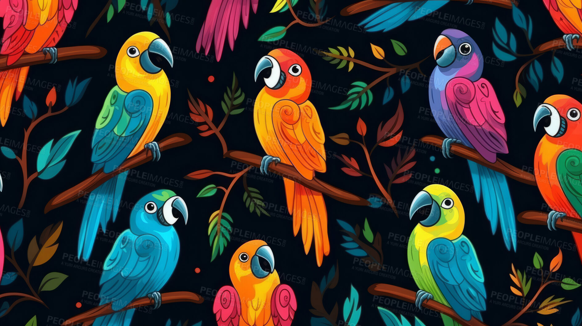 Buy stock photo Seamless pattern with cartoon parrots. Background wallpaper design concept