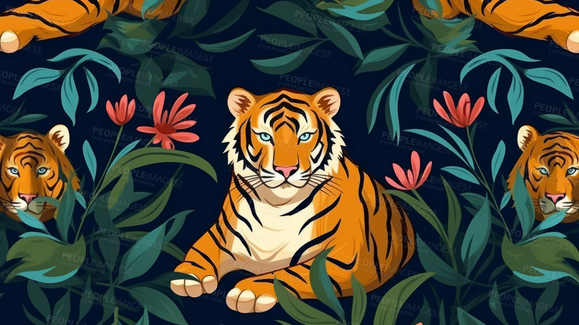 Buy stock photo Seamless pattern with cartoon tigers. Background wallpaper design concept