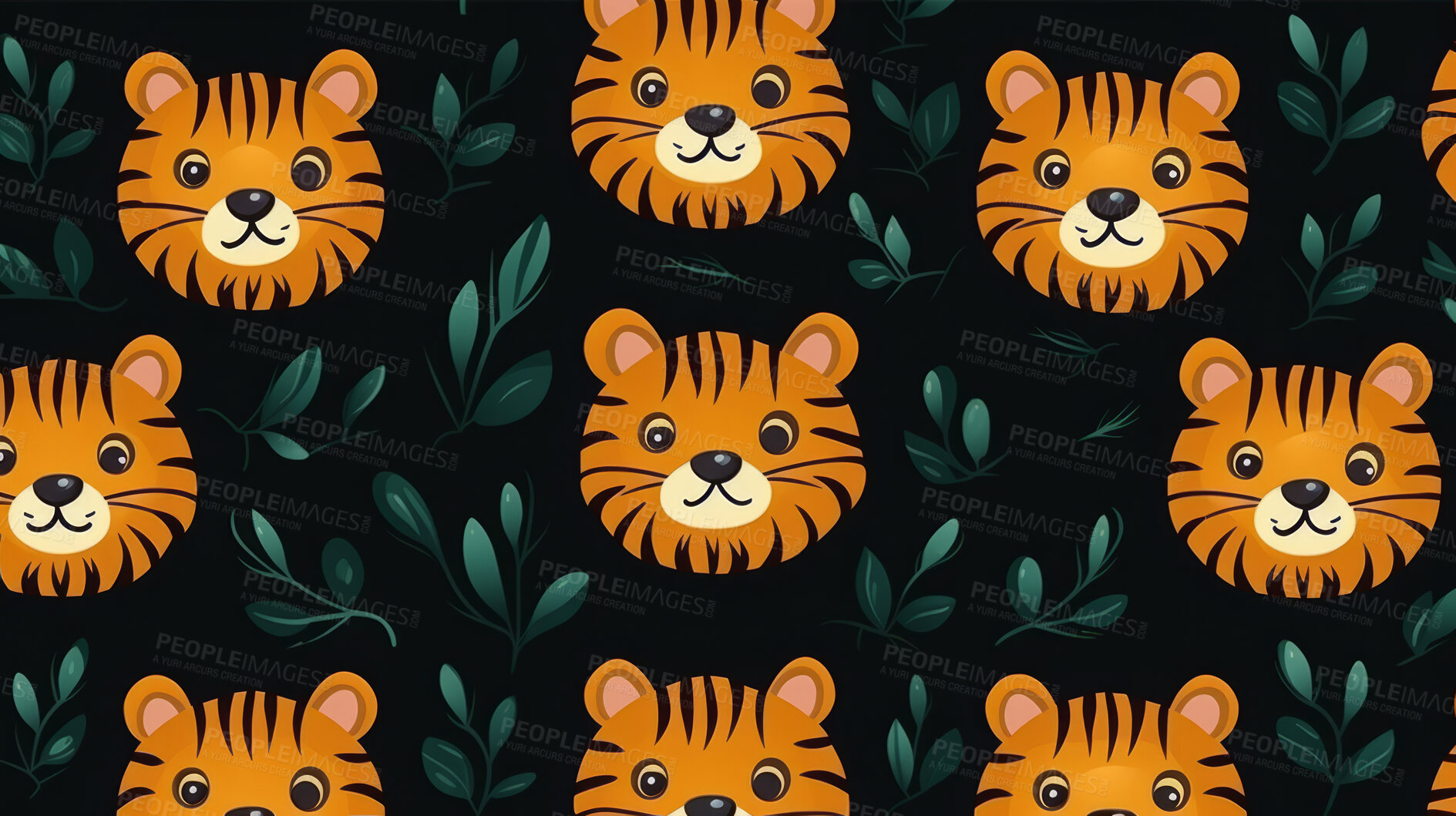 Buy stock photo Seamless pattern with cartoon tigers. Background wallpaper design concept