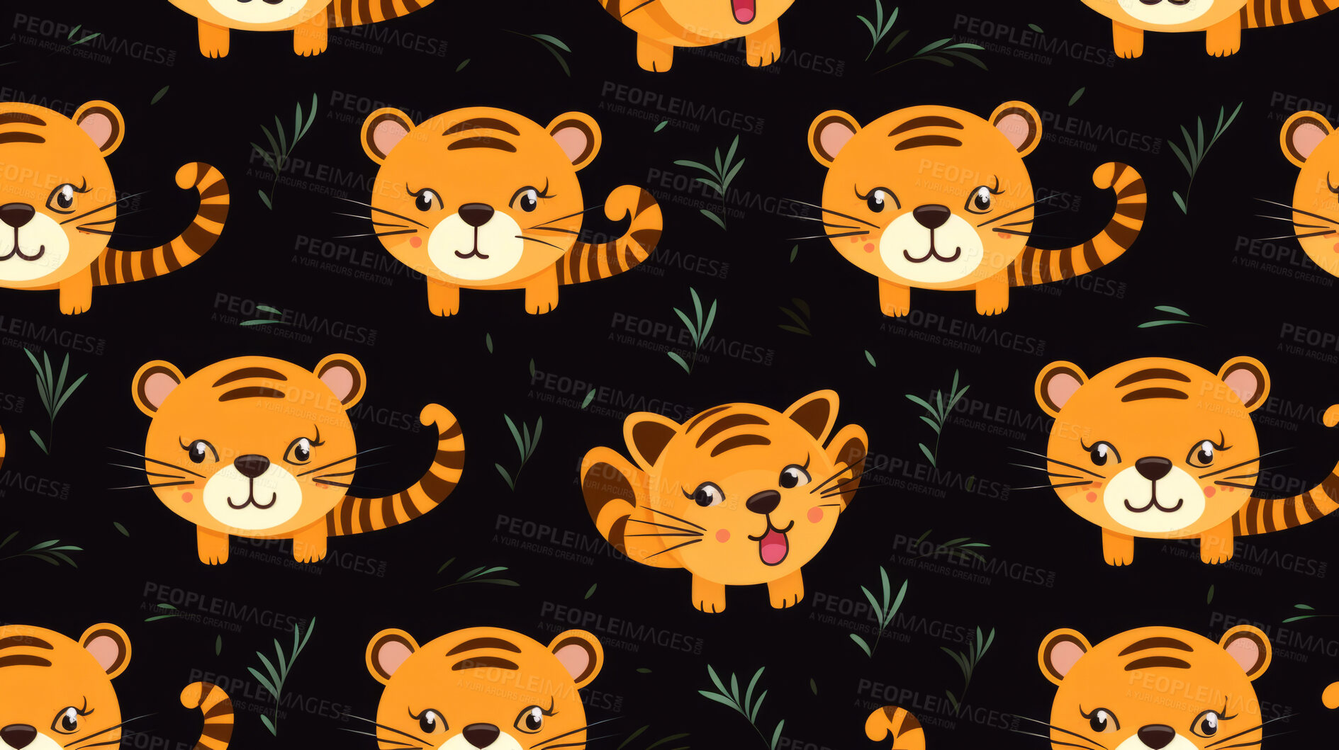 Buy stock photo Seamless pattern with cartoon tigers. Background wallpaper design concept