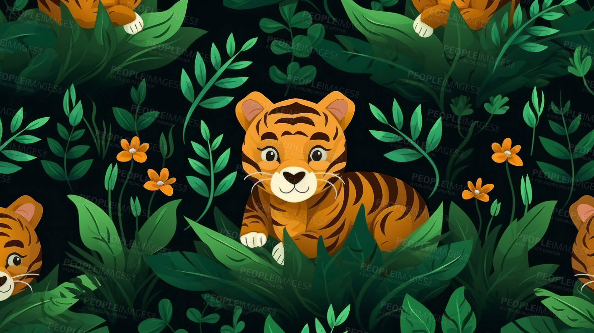 Buy stock photo Seamless pattern with cartoon tigers. Background wallpaper design concept