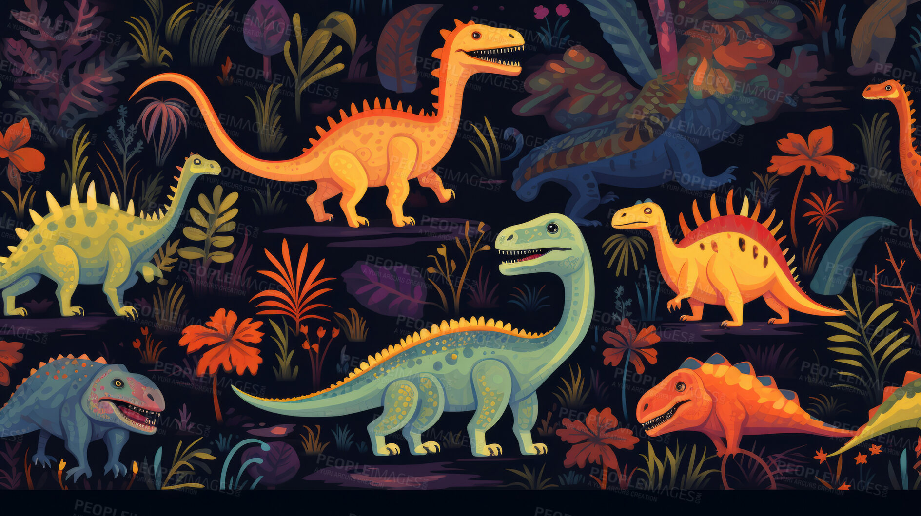 Buy stock photo Seamless pattern with cartoon dinosaurs. Background wallpaper design concept