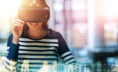 Buy stock photo Happy woman, VR and smile in double exposure of city buildings for testing or metaverse at the office. Female person smiling in virtual reality, building or architecture with technology at workplace