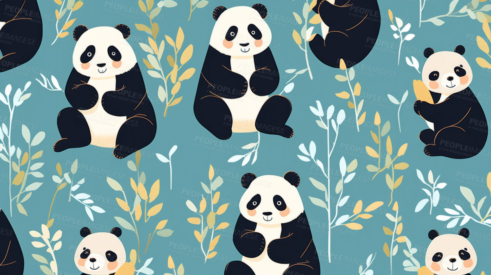 Buy stock photo Seamless pattern with cartoon pandas. Background wallpaper design concept