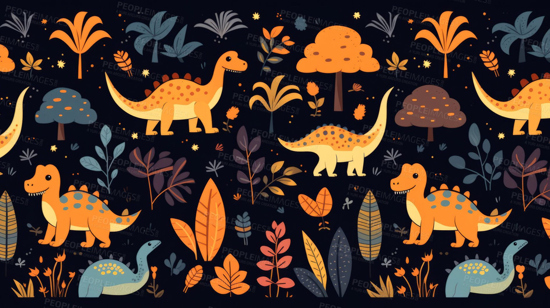 Buy stock photo Seamless pattern with cartoon dinosaurs. Background wallpaper design concept