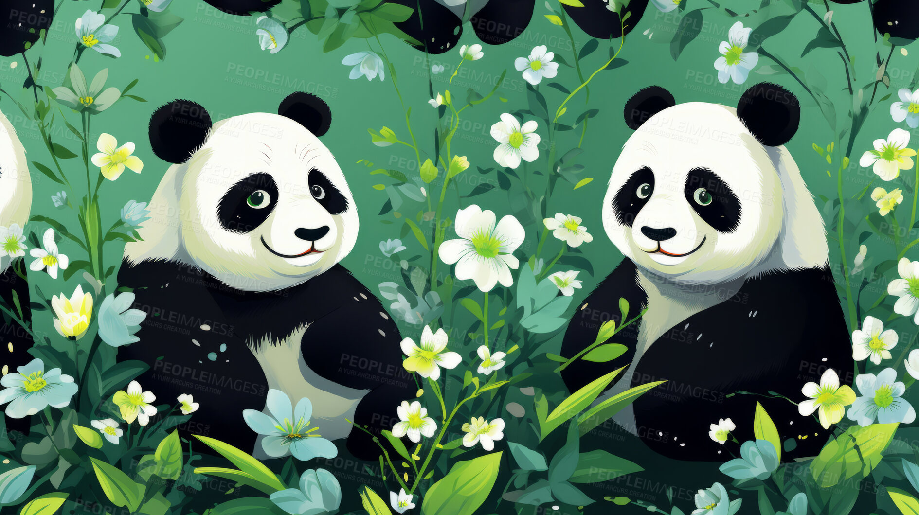 Buy stock photo Seamless pattern with cartoon pandas. Background wallpaper design concept