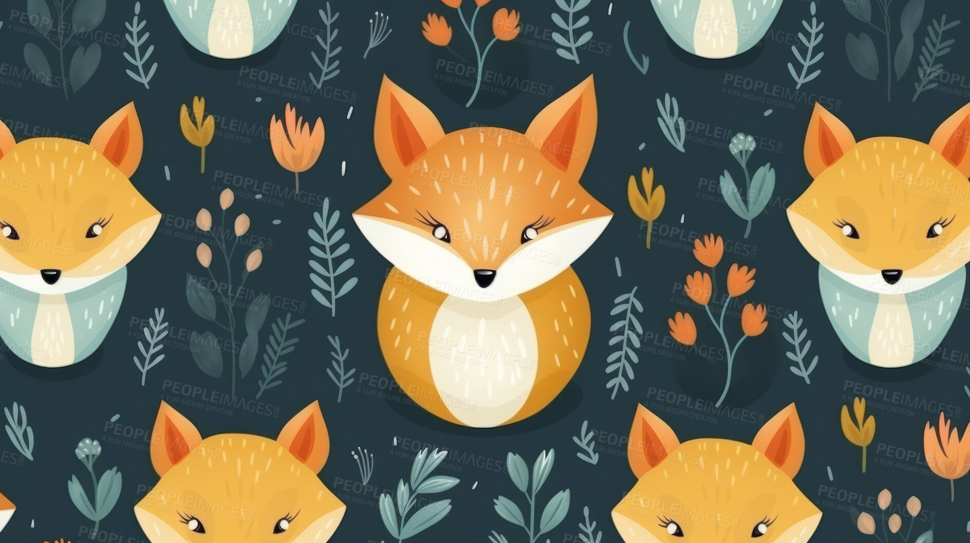 Buy stock photo Seamless pattern with cartoon woodland foxes. Background wallpaper design concept