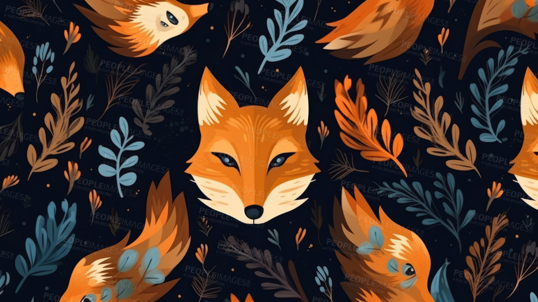 Buy stock photo Seamless pattern with cartoon woodland foxes. Background wallpaper design concept