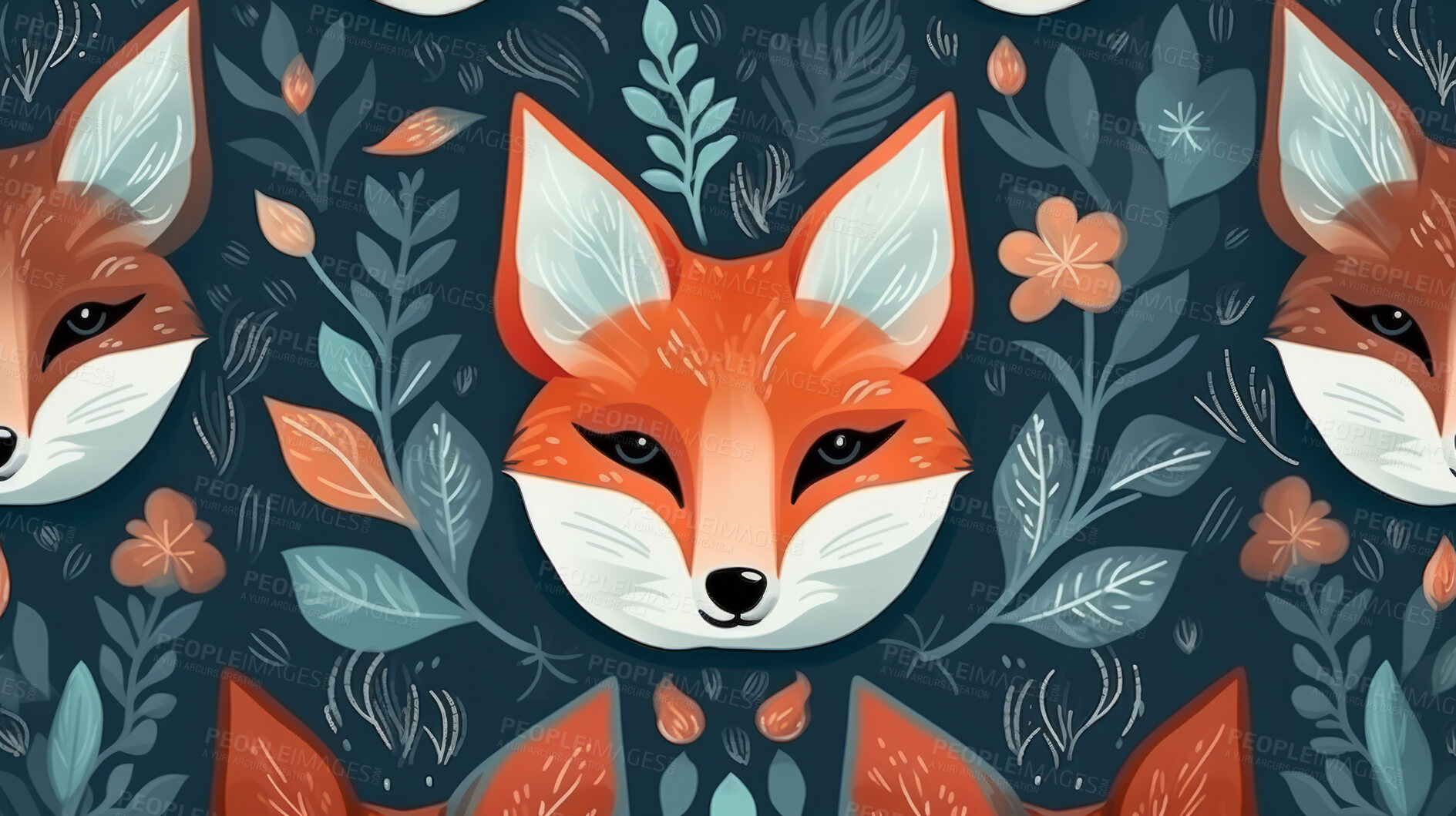 Buy stock photo Seamless pattern with cartoon woodland foxes. Background wallpaper design concept