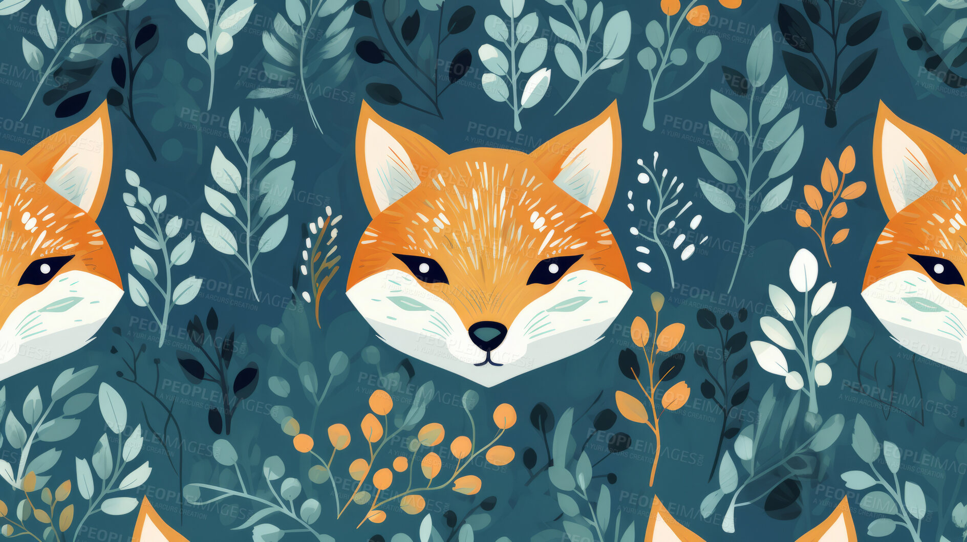 Buy stock photo Seamless pattern with cartoon woodland foxes. Background wallpaper design concept