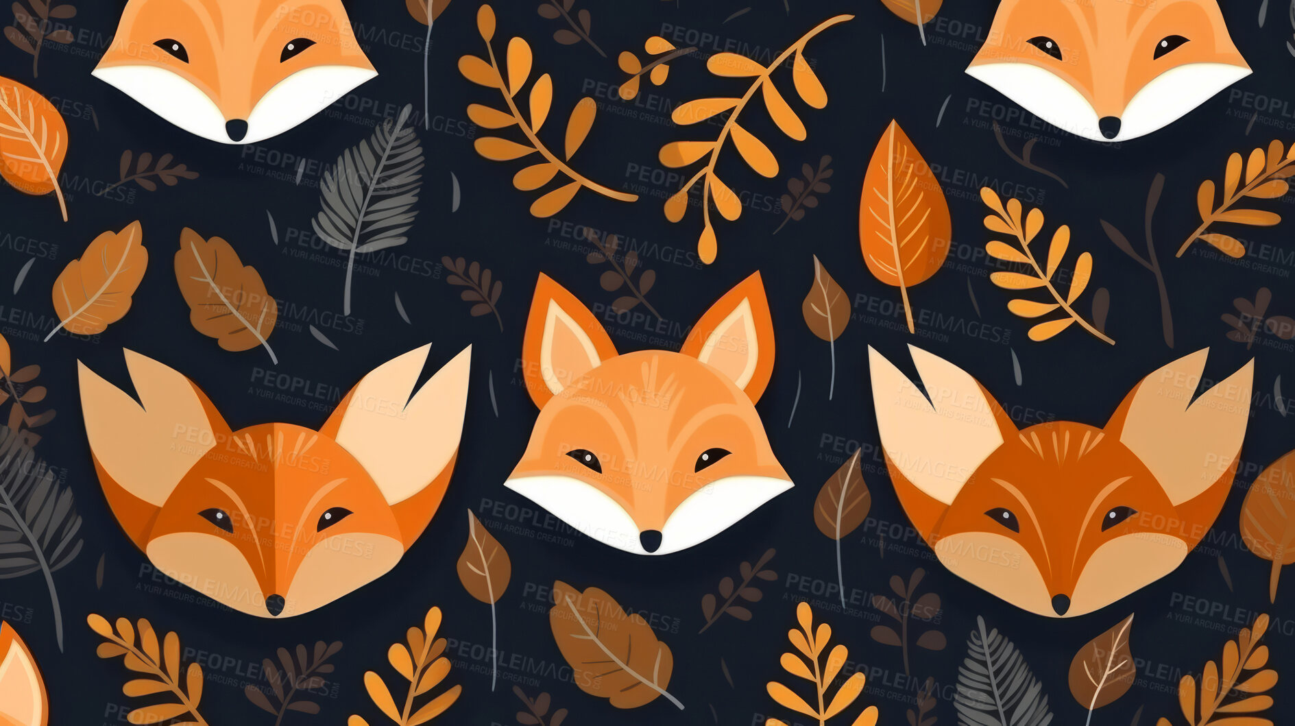 Buy stock photo Seamless pattern with cartoon woodland foxes. Background wallpaper design concept