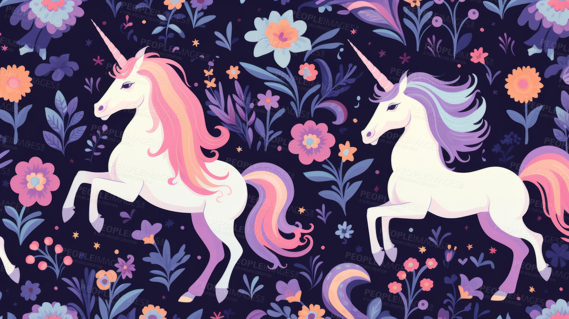 Buy stock photo Seamless pattern with cartoon unicorns. Background wallpaper design concept