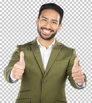 Happy asian man, portrait and thumbs up in thank you, winning or