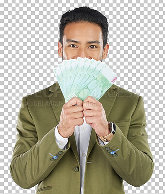 Asian man, money fan and finance in savings, investment or loan