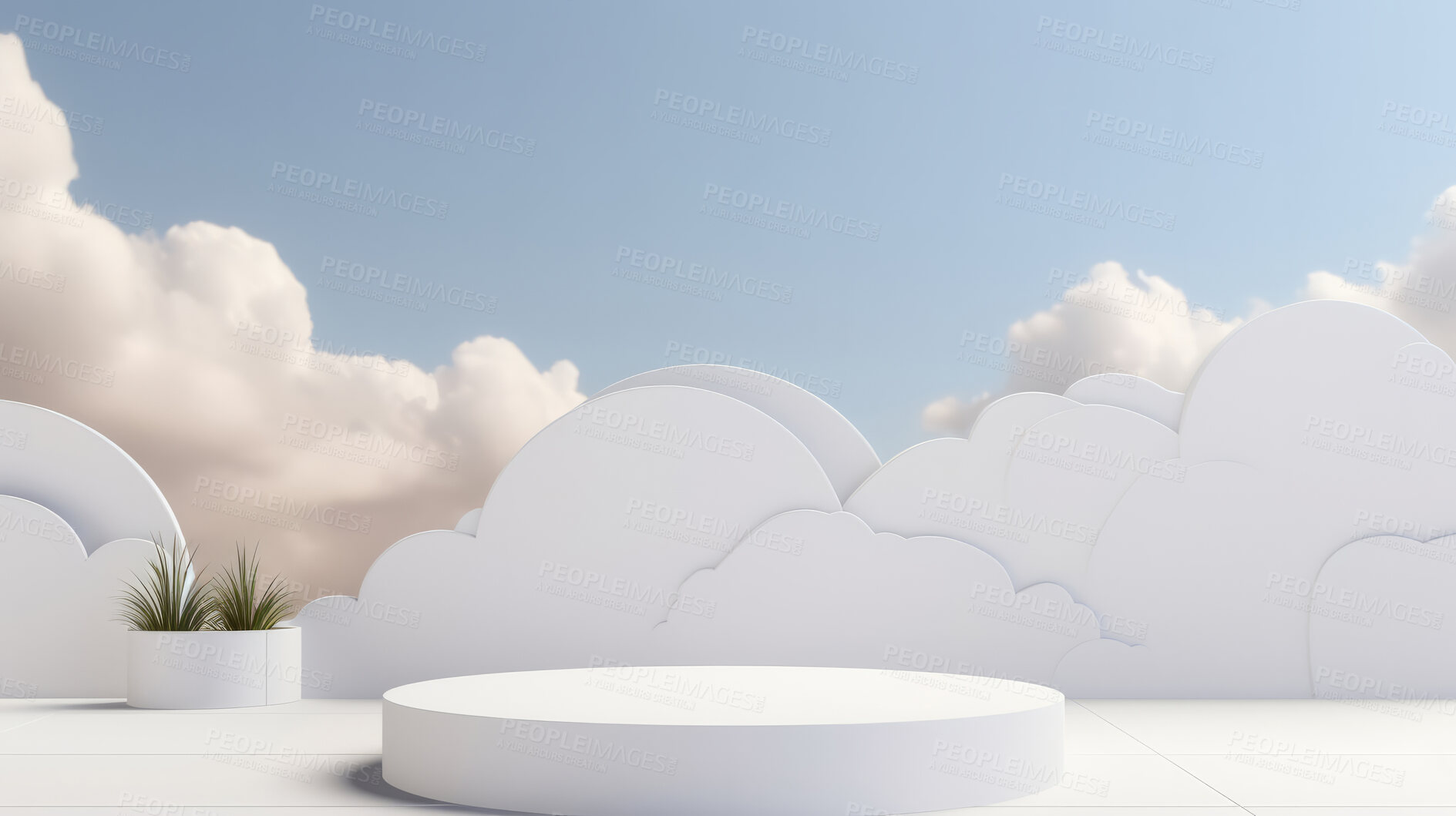 Buy stock photo Minimal abstract background for product presentation. Podium space with clouds