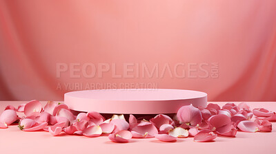 Minimal abstract background for product presentation. Pink podium space with rose petals
