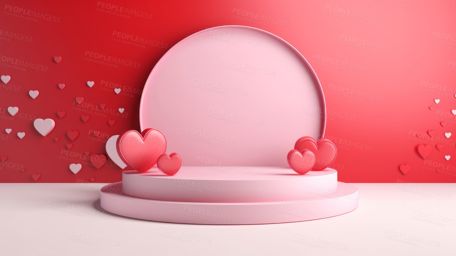 Buy stock photo Minimal abstract background for product presentation. Pink podium space with hearts