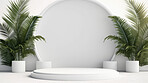 Minimal abstract background for product presentation. White podium space with plants