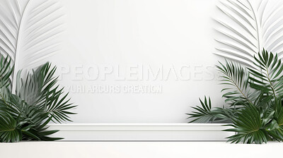 Minimal abstract background for product presentation. White podium space with plants