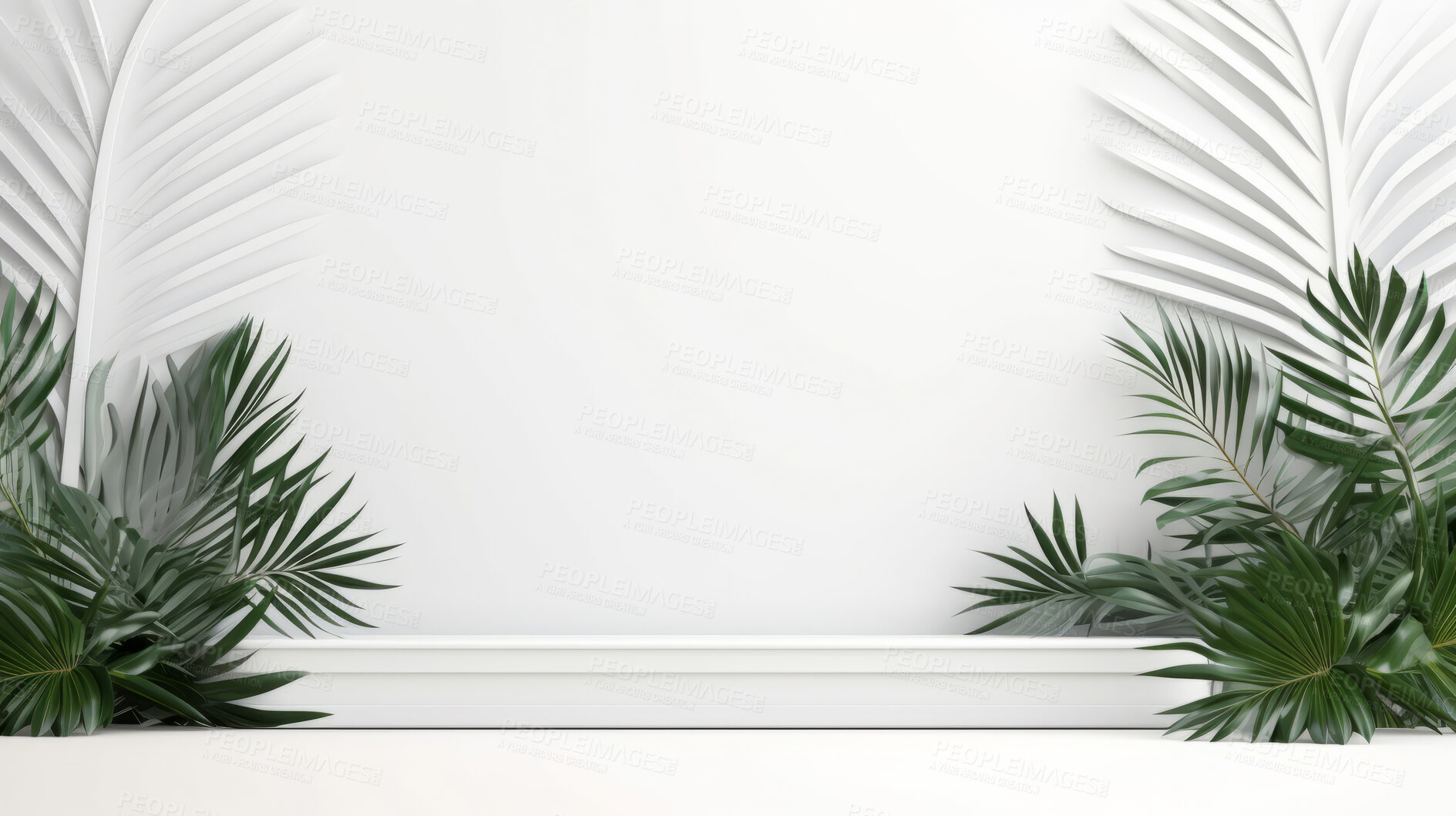 Buy stock photo Minimal abstract background for product presentation. White podium space with plants