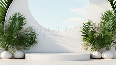 Minimal abstract background for product presentation. White podium space with plants