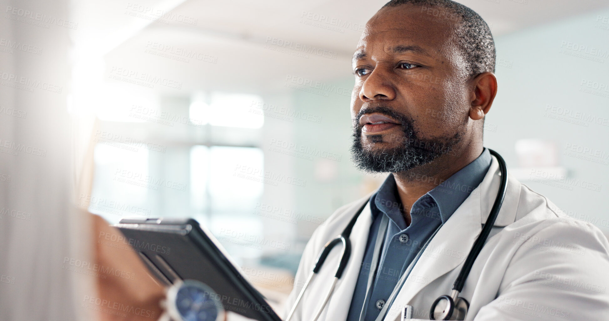Buy stock photo Healthcare, black man and doctor with a tablet, digital app or connection with online results, internet or network. Person, employee or medical professional with technology, website info or research