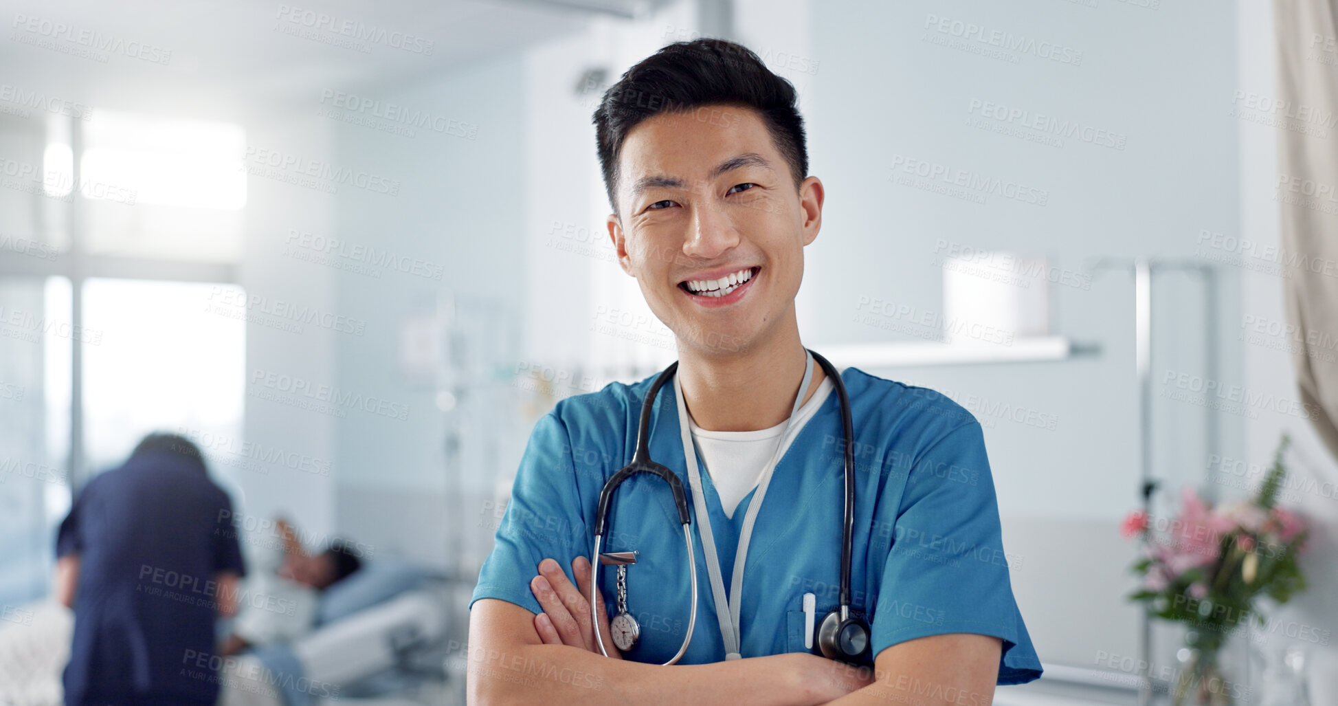 Buy stock photo Healthcare, doctor and asian man with arms crossed at hospital with smile for support, service and wellness. Medicine, professional and expert with happiness and pride for career, surgery or care