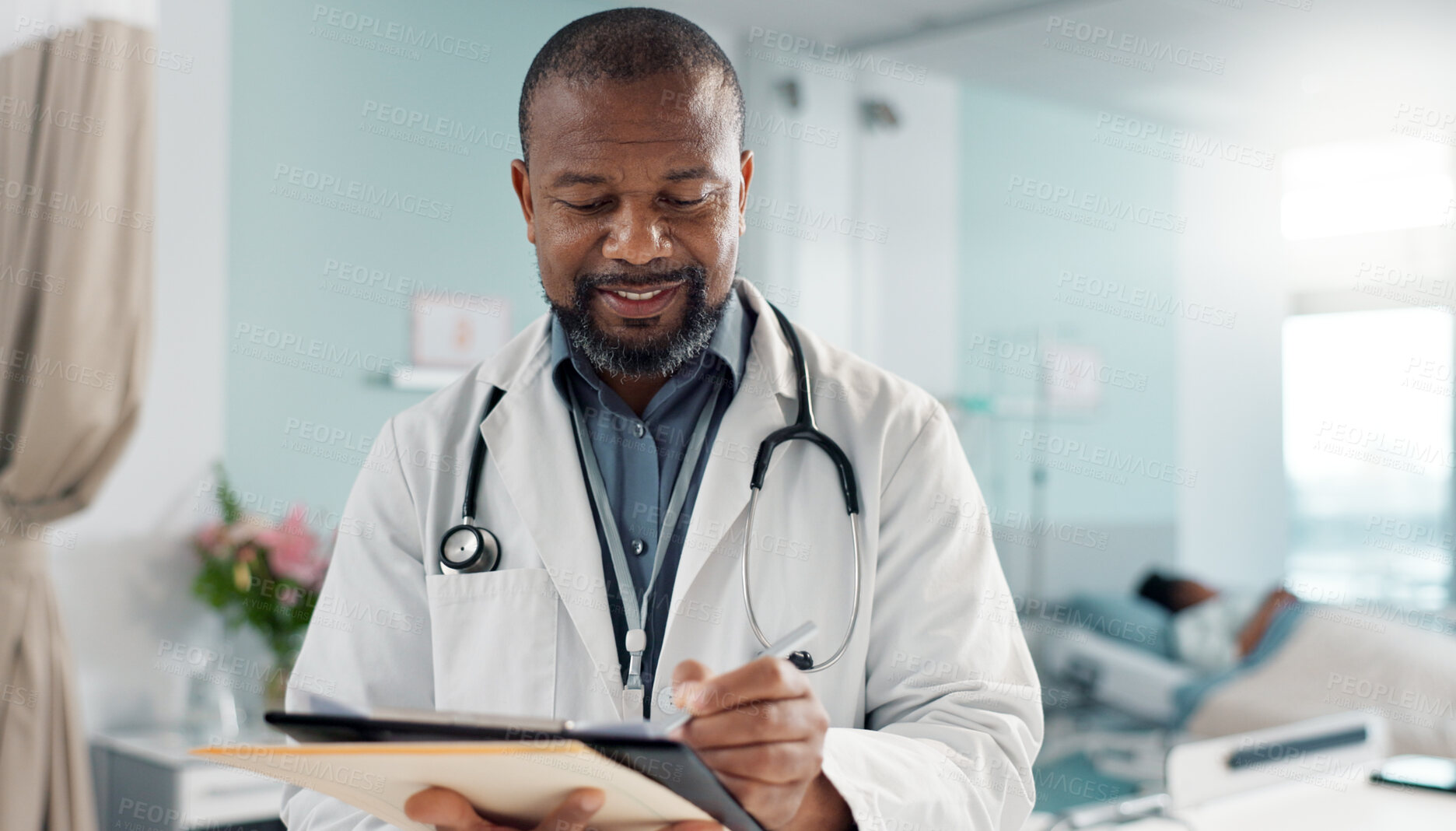 Buy stock photo Career, black man and doctor with a tablet, connection and website information with research, digital app or network. African person, worker or medical professional with tech, healthcare or internet