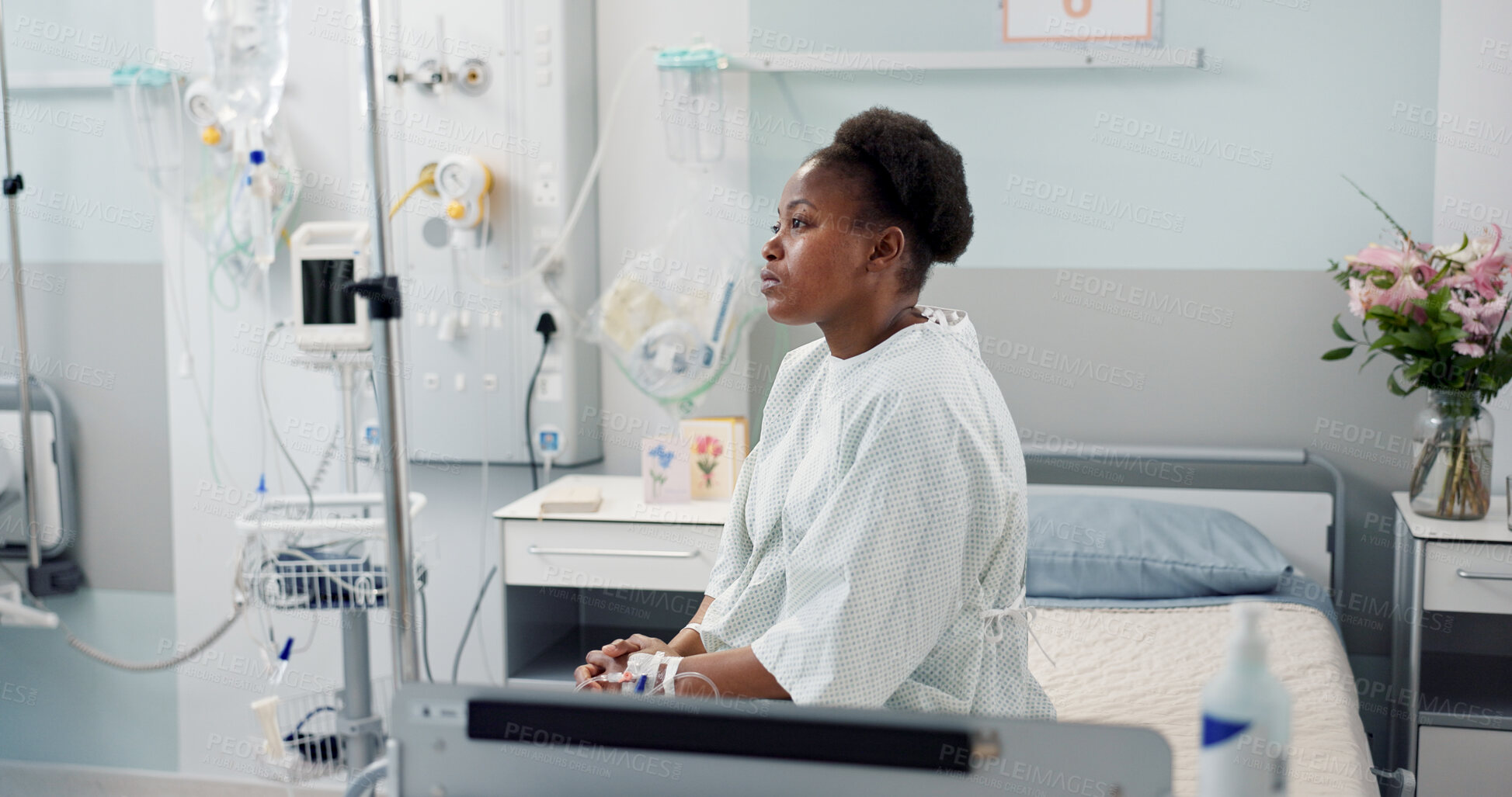 Buy stock photo Patient, hospital and thinking on bed with depression, sad and pulmonary disease diagnosis with sadness. Black woman, treatment and recovery in medical center, chest pain and emergency healthcare