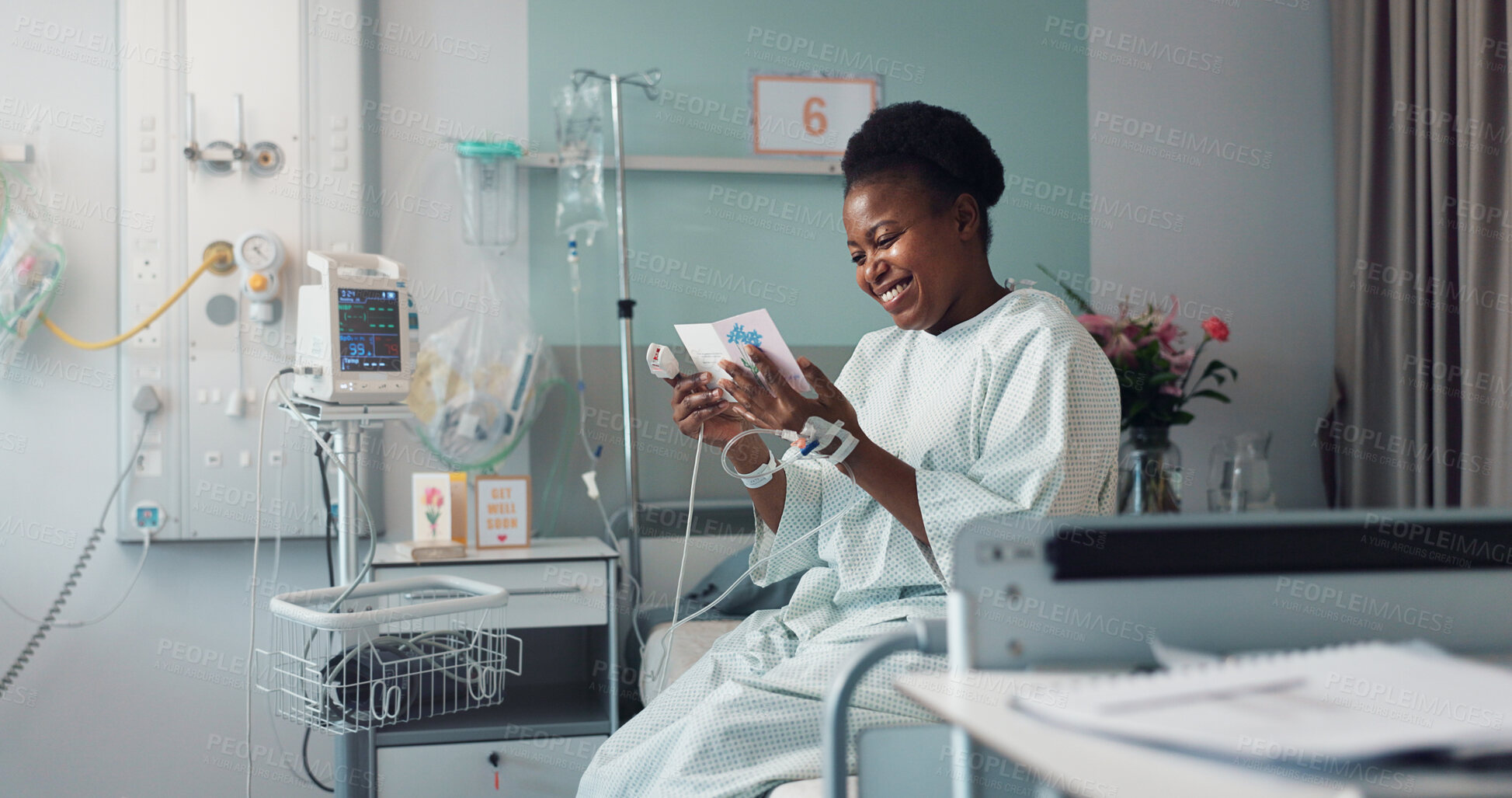 Buy stock photo Woman, reading card and bed in hospital for message, get well soon or motivation with smile, hope and recovery. Patient, excited and gratitude for kindness, love or quote with gift for rehabilitation