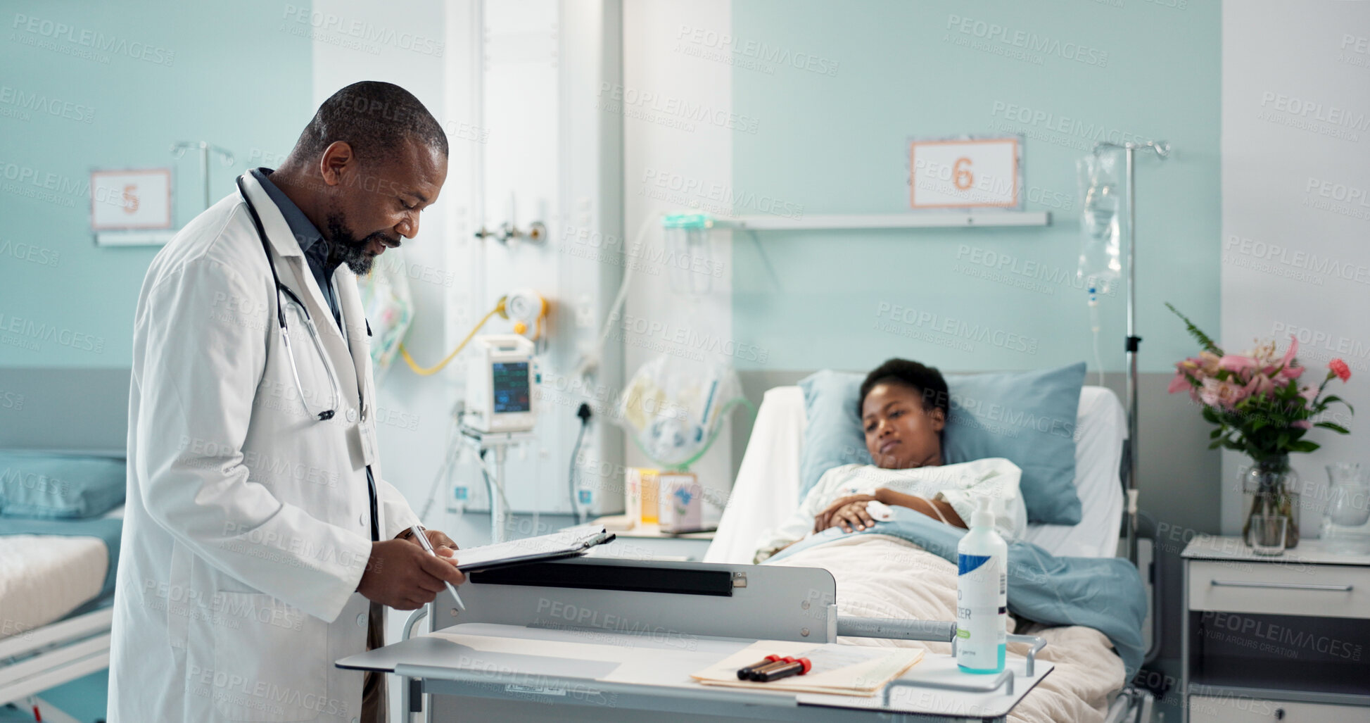 Buy stock photo Check, patient and doctor in hospital, clinic or healthcare with sick black woman healing or talking to expert. Health, insurance or surgeon consulting person in rehabilitation with checklist or help