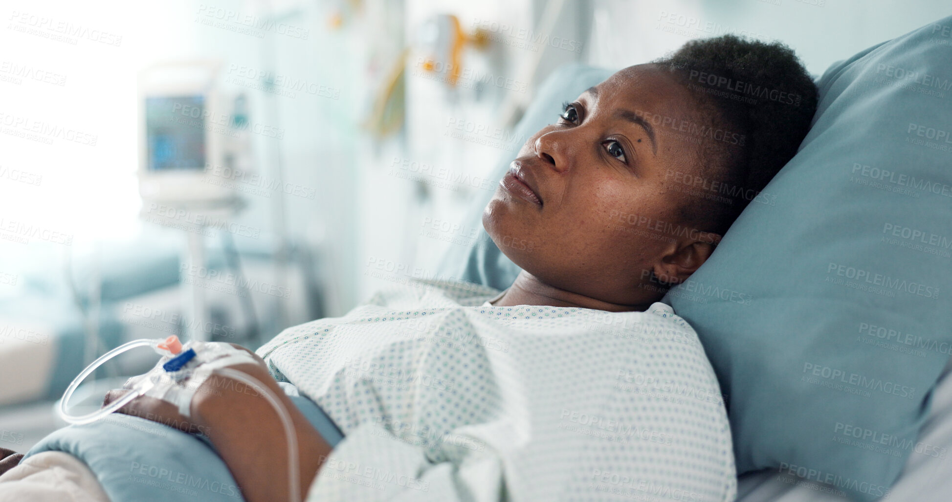 Buy stock photo Sad, sick and a thinking black woman in a hospital bed for healthcare, exam and a surgery. Tired, depression and an African clinic patient in a ward for treatment help, mental health or a virus