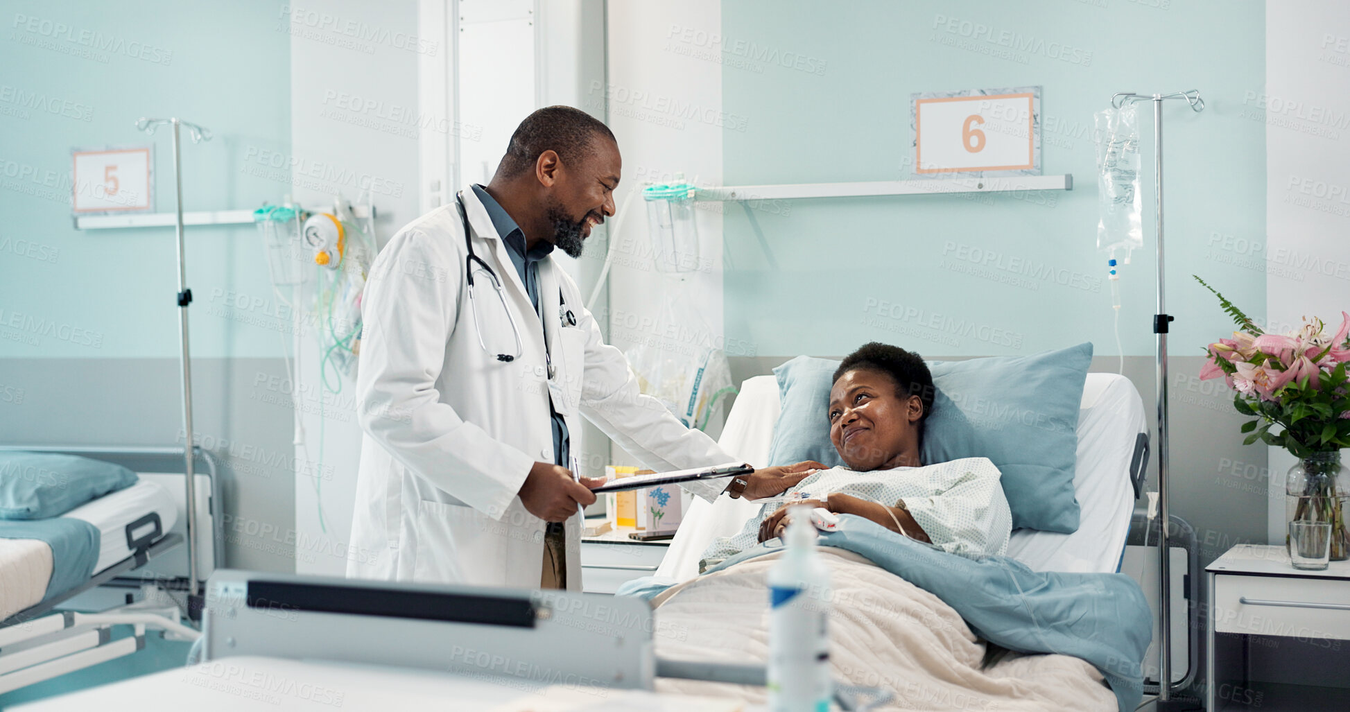 Buy stock photo Check, patient and doctor in hospital, clinic or healthcare with sick black woman healing or talking to expert. Health, insurance or surgeon consulting person in rehabilitation with checklist or care