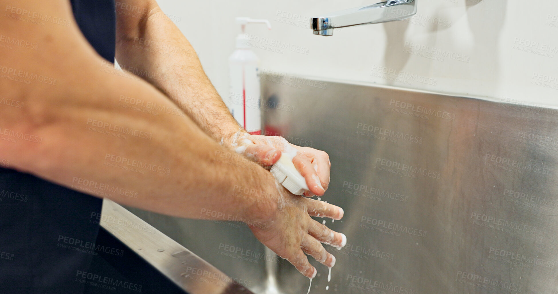 Buy stock photo Doctor, washing hands and soap by scrub for surgery for operation, hygiene and disease. Person, surgeon and closeup for preparation, clean or protection in medicine for healthcare, hospital or clinic